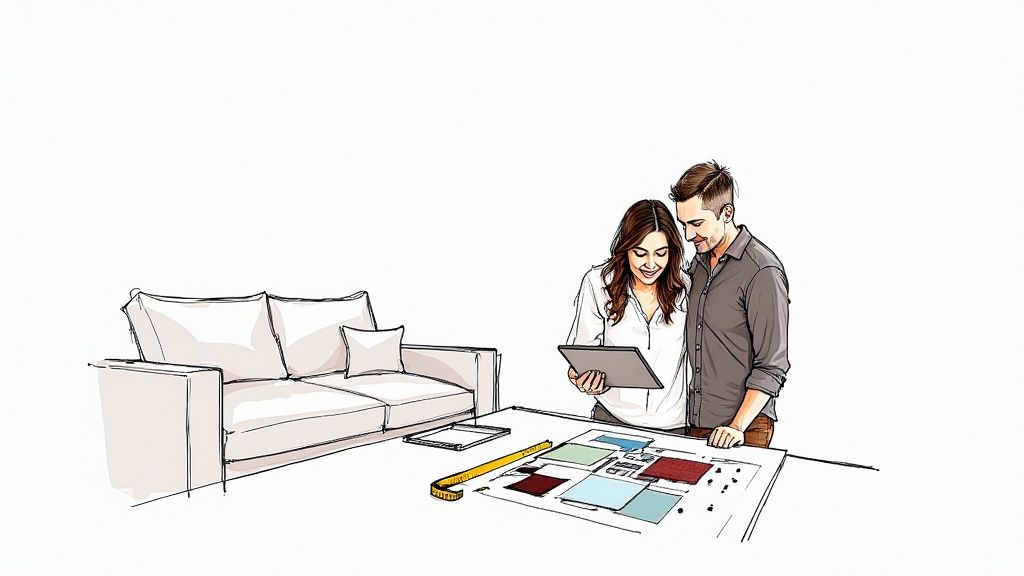 A couple reviews a home design plan with a tablet, featuring a sofa sketch.