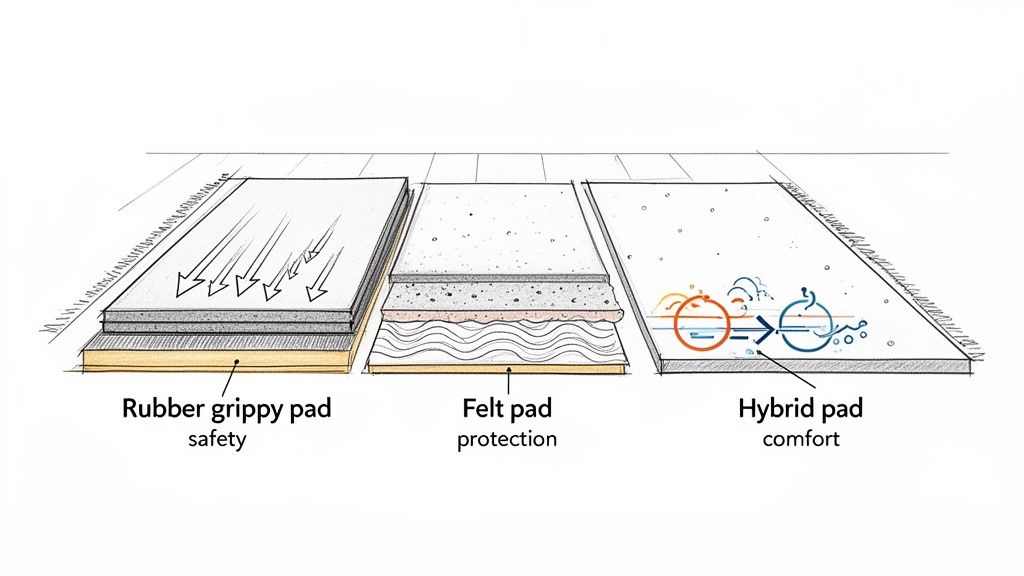 Three types of rug pads: rubber for safety, felt for protection, and hybrid for comfort.