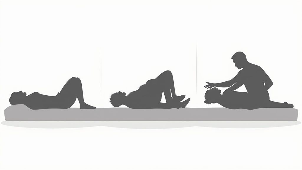Silhouettes demonstrate various reclining and interaction positions on a mattress, illustrating comfort and support.