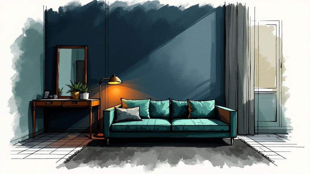 An artistic illustration of a cozy living room with a teal sofa, floor lamp, and console table.