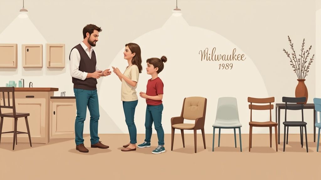 A beautifully set dining room with stylish, comfortable chairs arranged around a wooden table.