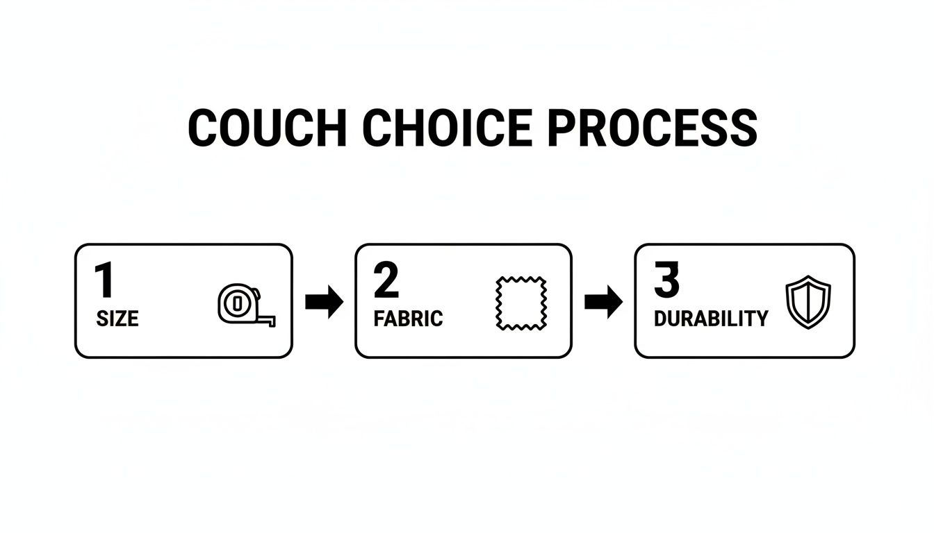 Diagram showing the couch choice process with three steps: 1. Size, 2. Fabric, and 3. Durability.