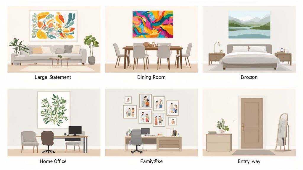 Different rooms showcase various decorative wall art, from abstract paintings to botanical prints and family photo galleries.