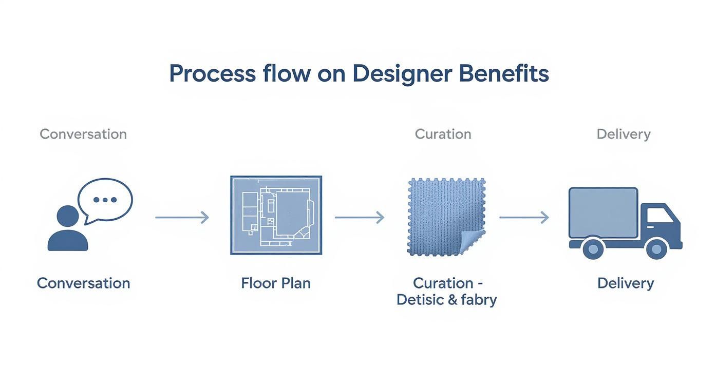 Process flow diagram showing designer benefits from conversation through floor plan curation to delivery