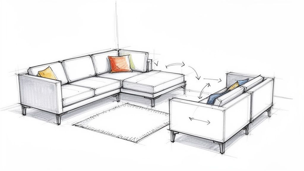 A conceptual sketch illustrating modular living room furniture, including a sectional sofa and armchair, for flexible layouts.