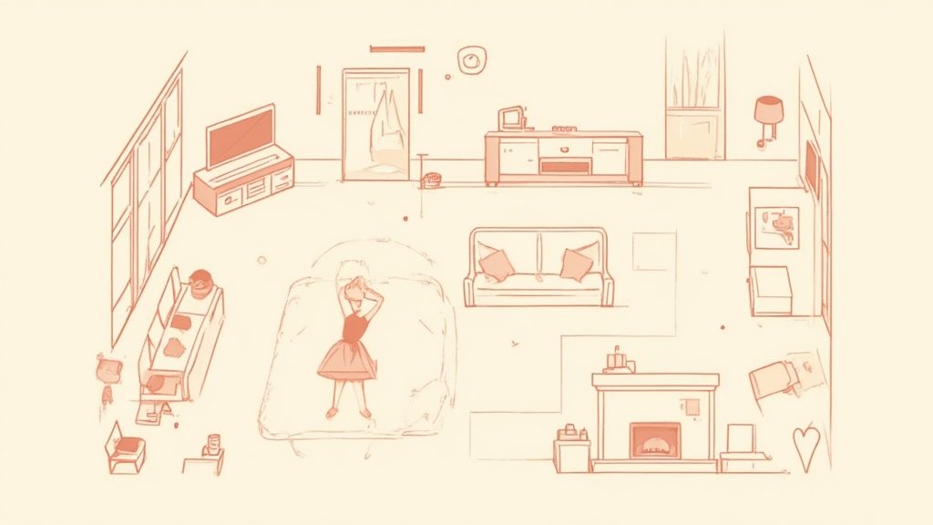 An isometric sketch of a studio apartment, showing a bed, living area, desk, and kitchen.