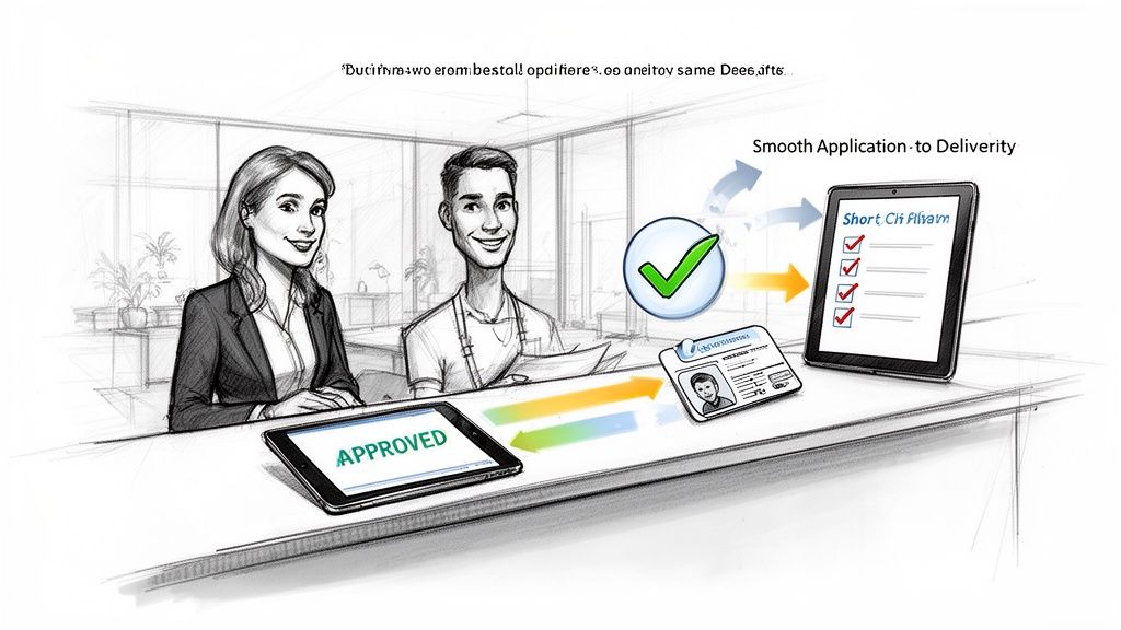 Two smiling professionals overseeing a digital application approval process for smooth delivery.
