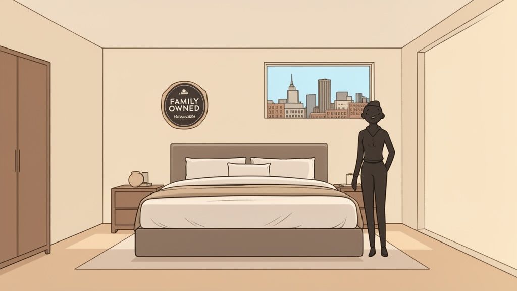A cartoon bedroom with a large king bed, city view window, wardrobe, and a standing woman.
