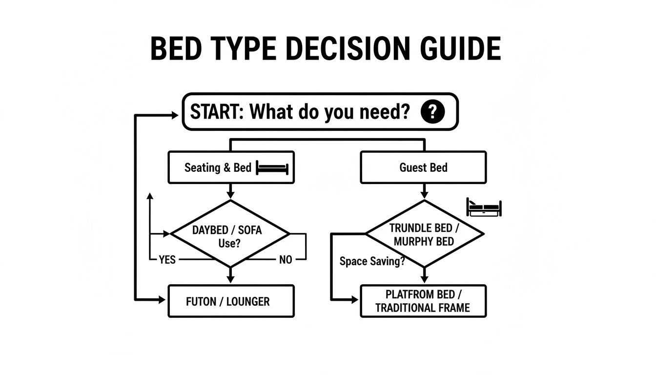 Flowchart diagram guiding bed type selection based on seating, guest, and space-saving needs.