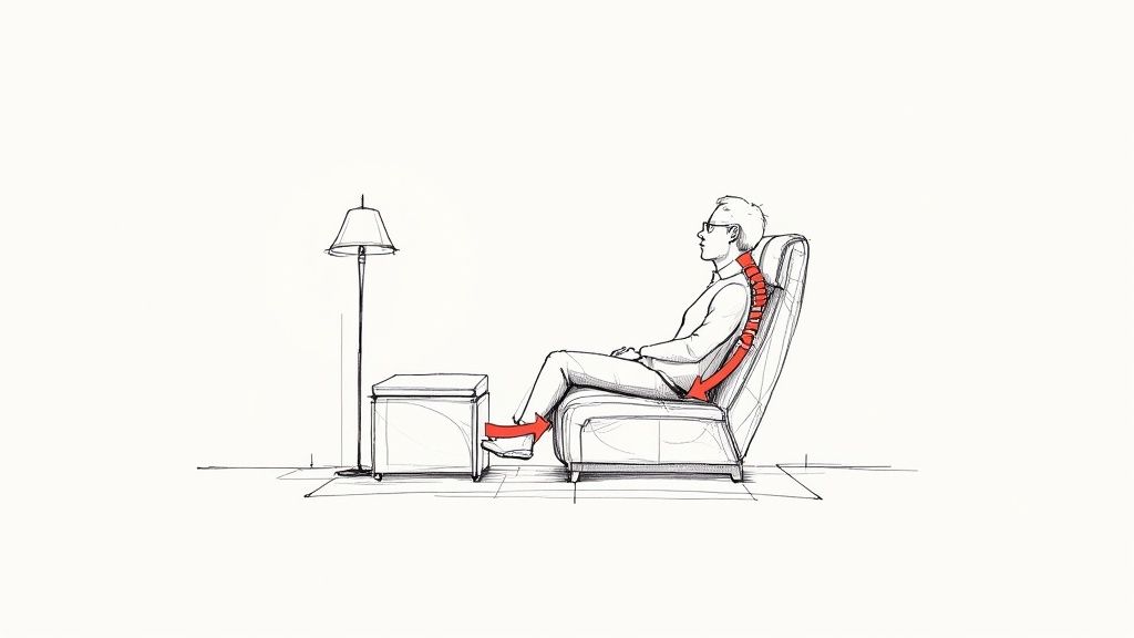 Ergonomic recliner chair with red support zones highlighting proper back and leg positioning