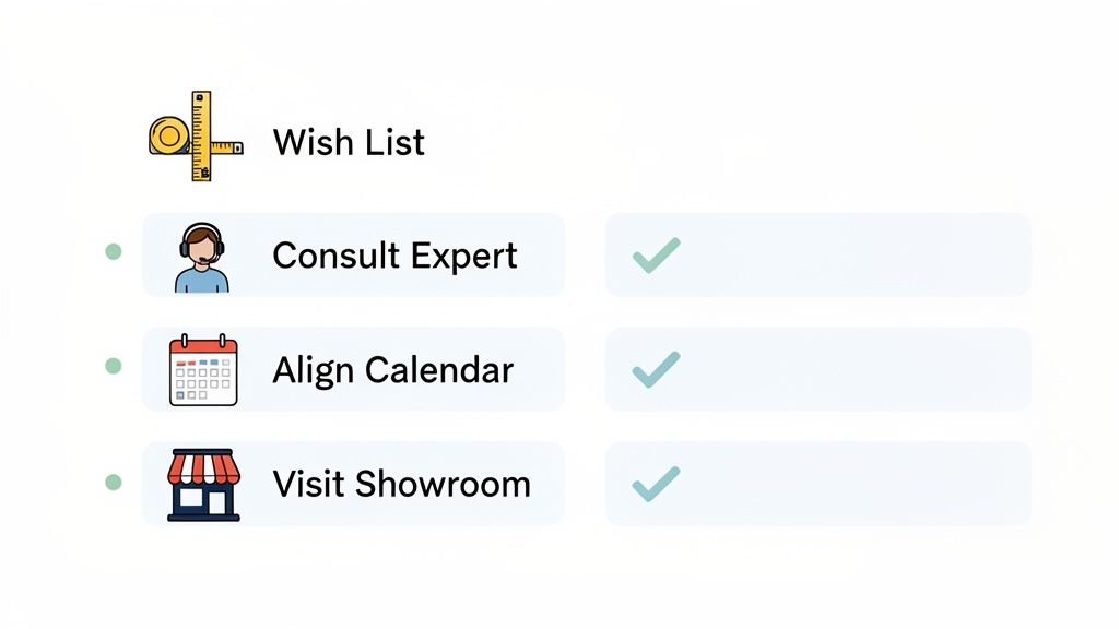 A wish list with three completed steps: Consult Expert, Align Calendar, and Visit Showroom.