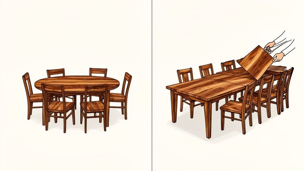 An extendable wooden dining table, shown compact with 6 chairs, then extended to seat 10.