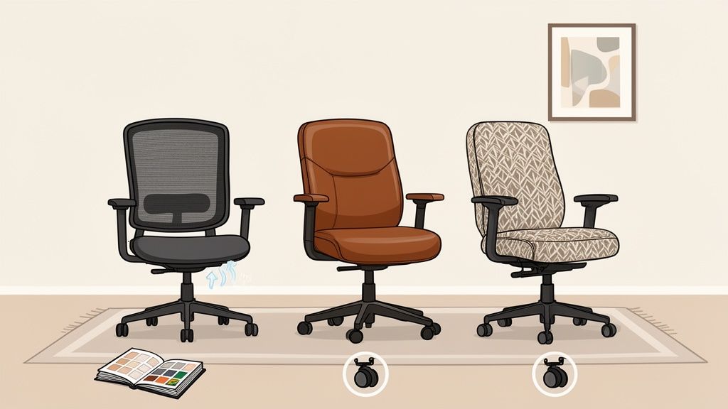 Three diverse ergonomic office chairs: black mesh, brown leather, and patterned fabric, on a rug.