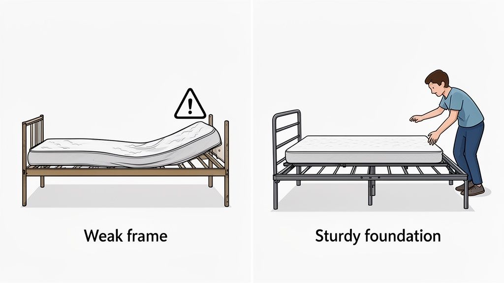 Illustrations comparing a weak, sagging wooden bed frame with a sturdy metal foundation.