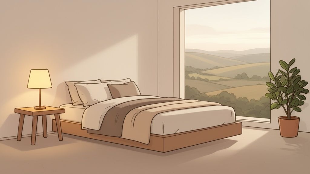 An inviting bedroom features a comfortable bed, bedside table, lamp, and window with a picturesque landscape.
