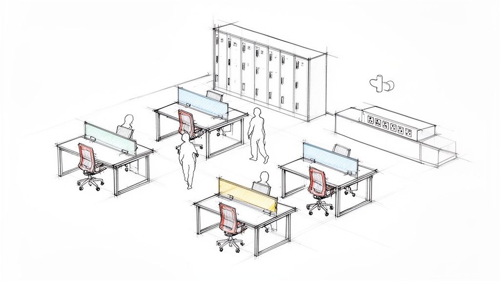 Sketch of a modern office layout with individual desks, chairs, lockers, and power solutions.