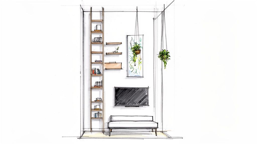 Architectural sketch of a modern small living room with a tall bookshelf, floating shelves, TV, bench, and hanging plants.
