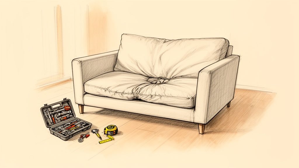 An illustration of a saggy armchair with a toolbox and tools on the floor, ready for repair.