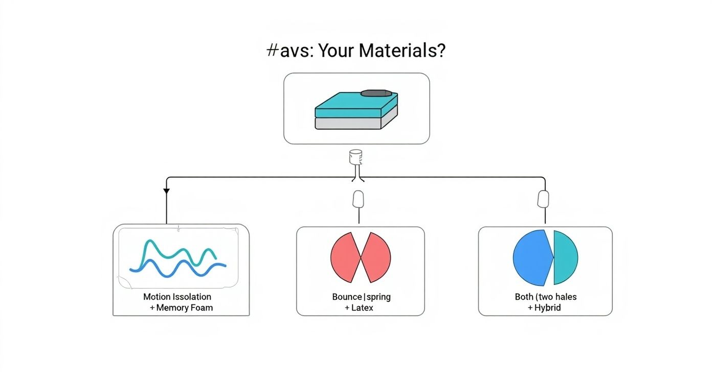 Mattress materials decision tree showing motion isolation memory foam, bounce spring latex, and hybrid options