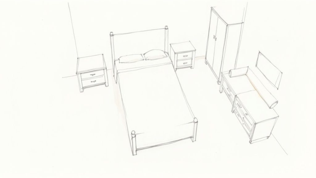 Three-dimensional sketch showing bedroom furniture layout with bed, nightstands, dresser, and wardrobe arrangement
