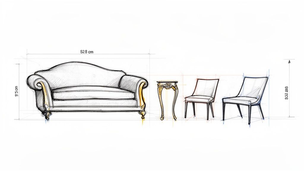 Technical sketches of classic and modern furniture pieces with dimension lines for interior design.