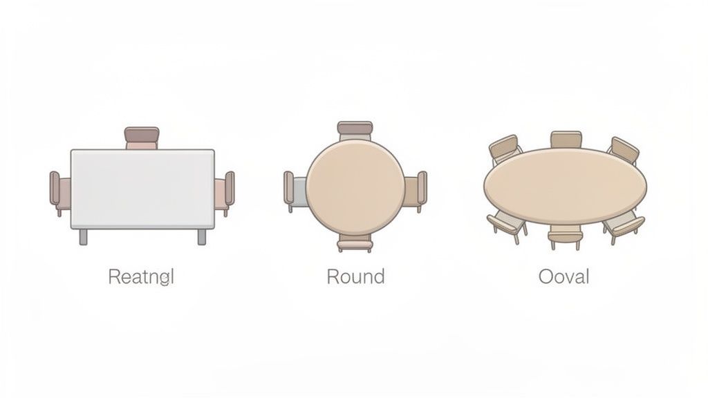 Top-down view of three dining table shapes: rectangular with 4 chairs, round with 4 chairs, and oval with 6 chairs.