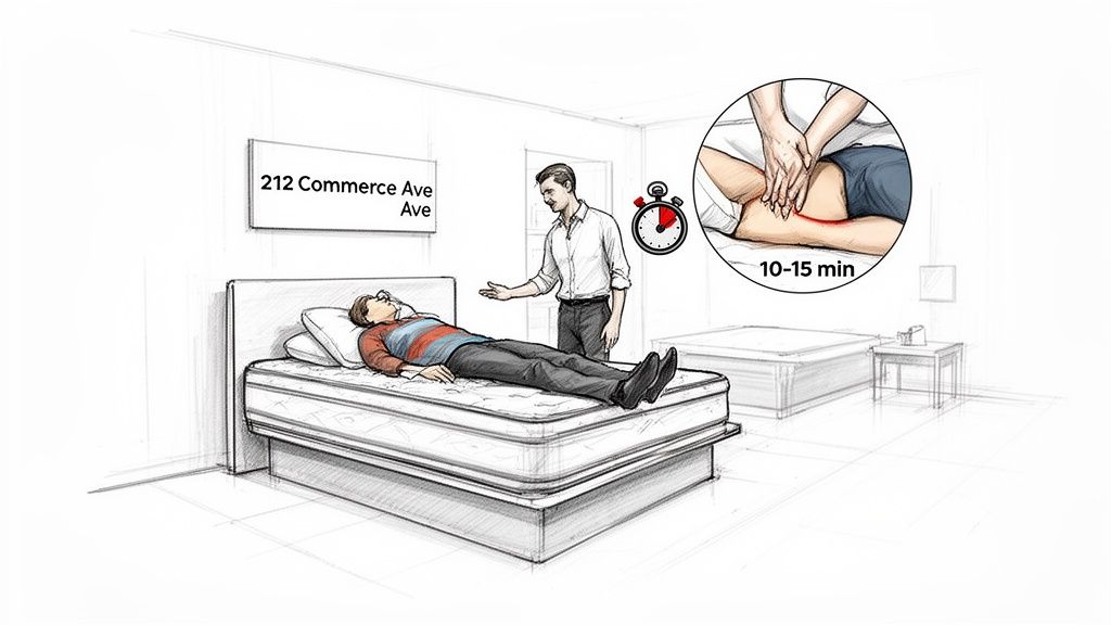 A man lies on a bed while another explains, with an inset showing a leg massage for 10-15 minutes.