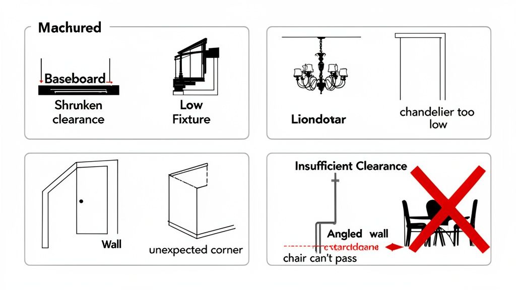 Common interior design obstacles and measurement challenges, including baseboards, fixtures, angled walls, and corners.