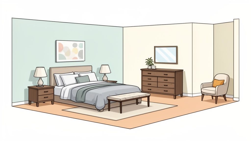 A neatly arranged bedroom with a bed, two nightstands, a dresser, and an armchair.