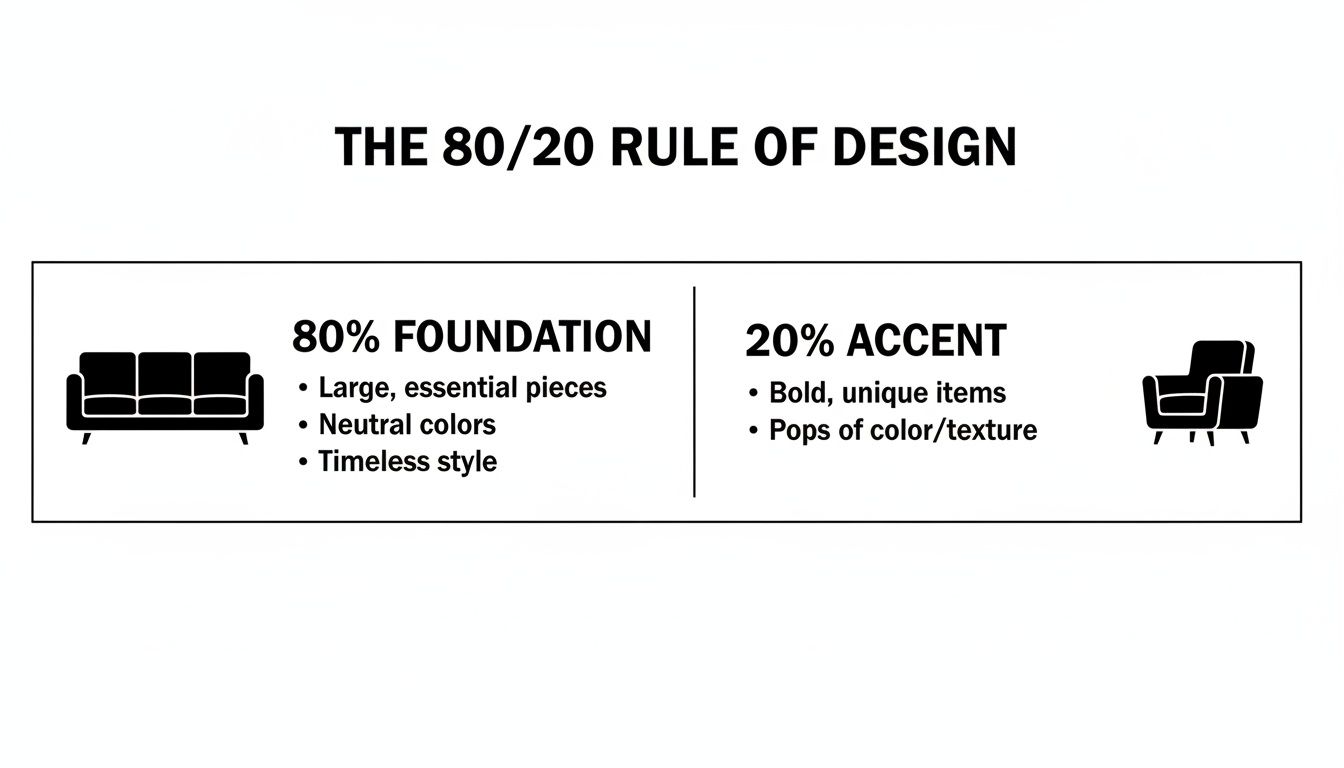 An infographic explaining the 80/20 rule of design for foundation and accent furniture pieces.