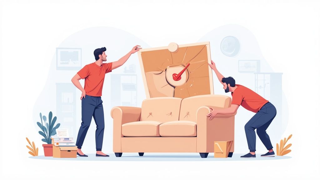 Two people arranging wall art above beige couch during home furniture interior decorating