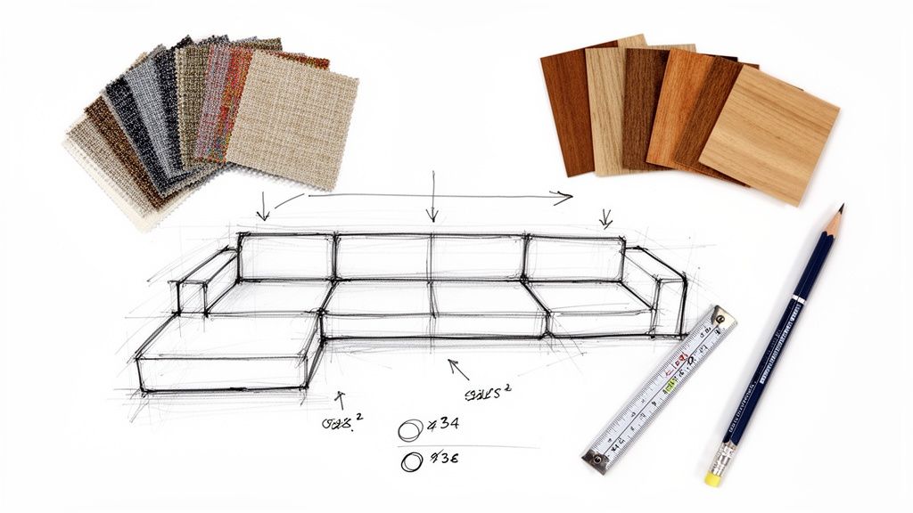 Furniture design concept with a sofa sketch, fabric samples, wood veneers, a ruler, and pencil.