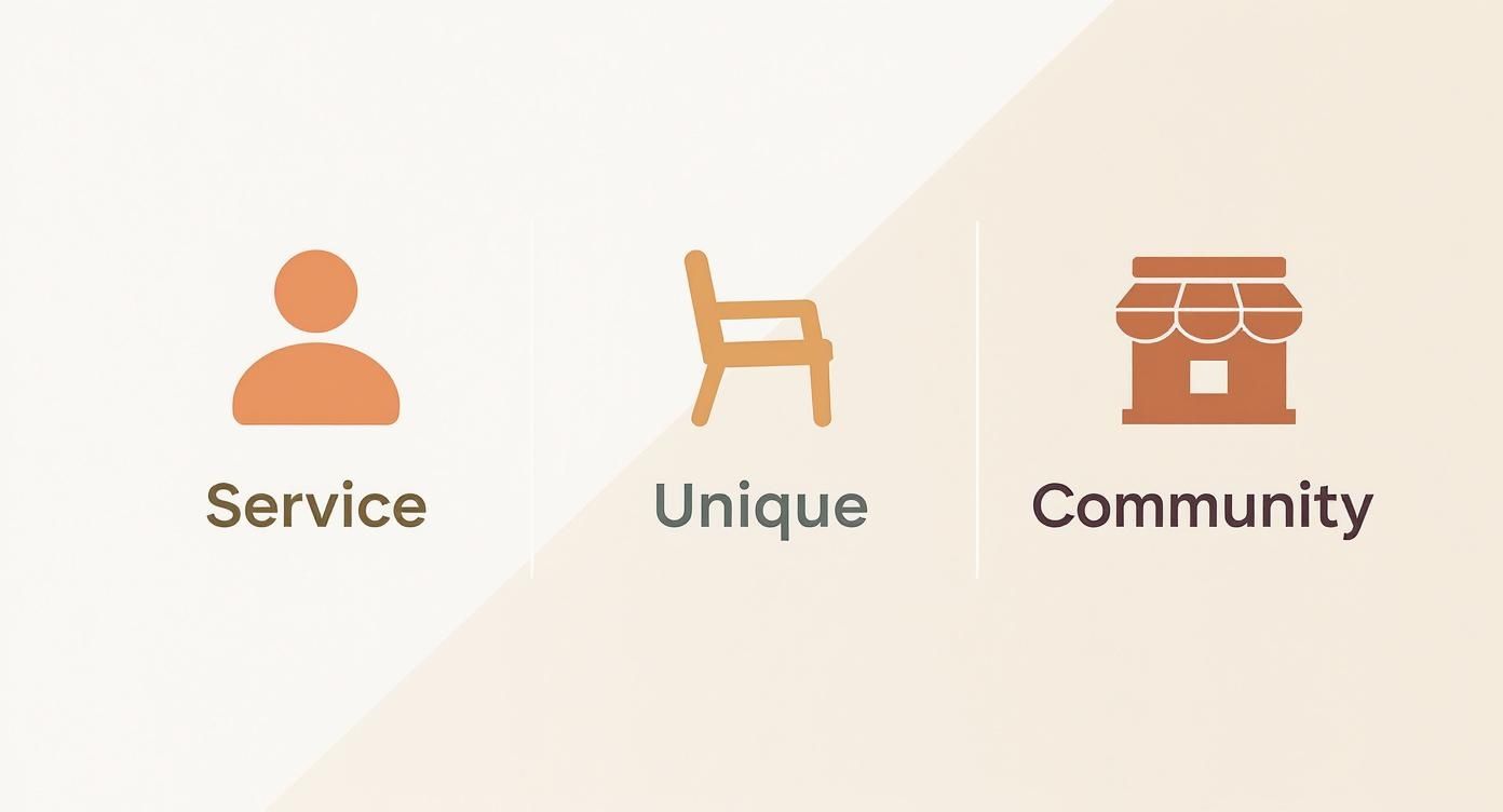 Three icons representing service (person), unique design (chair), and community (storefront) concepts.
