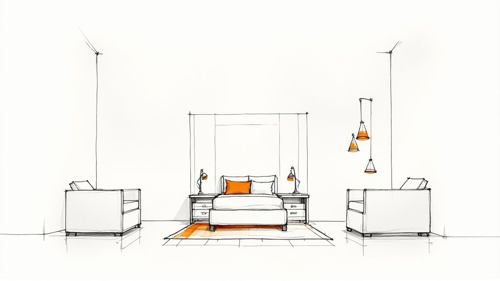 Modern bedroom interior design sketch showing furniture arrangement with bed, chairs, and pendant lighting