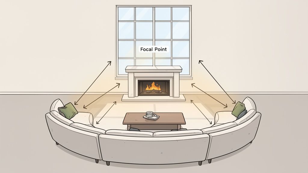 A cozy living room with a curved sofa and coffee table, centered around a fireplace and window marked as the focal point.