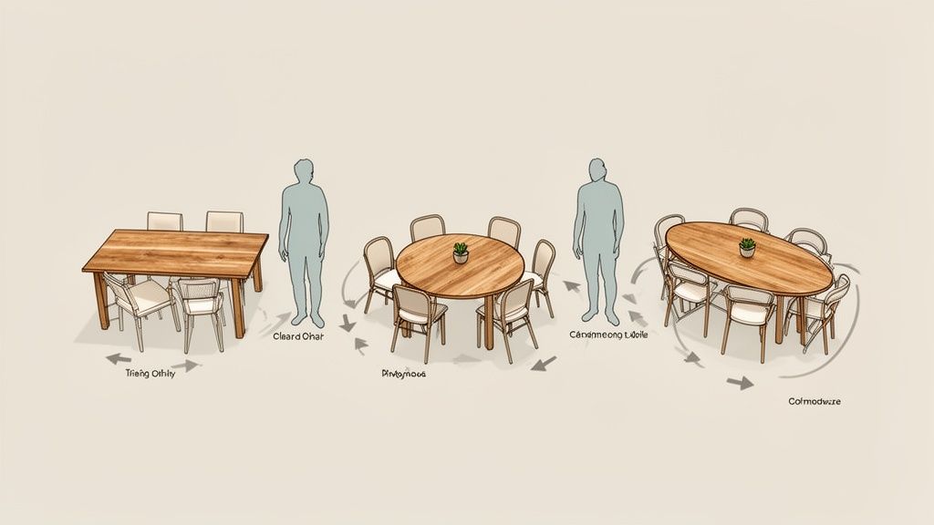 Diagram illustrating space needed for rectangular, round, and oval dining tables with chairs.