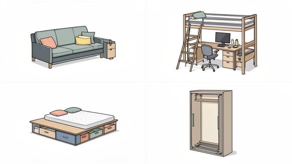 Four illustrations of space-saving beds: a sofa bed, a loft bed with desk, a platform bed with storage, and a Murphy bed.