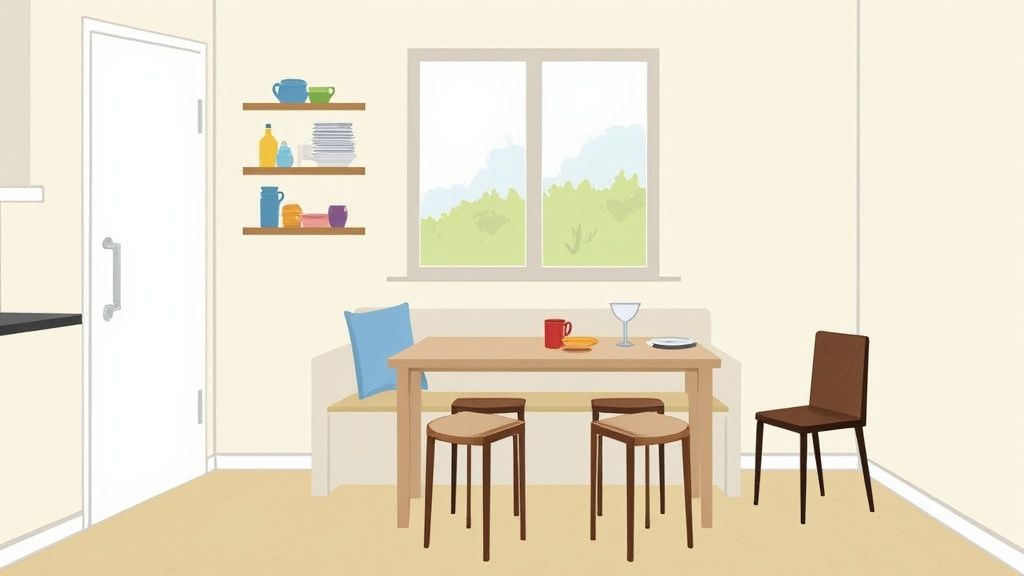 Cozy small kitchen dining area with compact wooden table, chairs, and window view