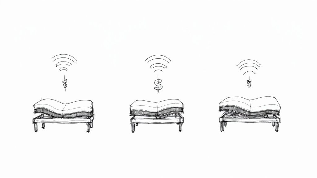 Three different adjustable beds shown in a modern bedroom setting.