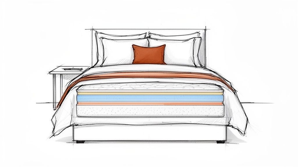 Hand-drawn illustration of a bed with a layered mattress cross-section and bedding.