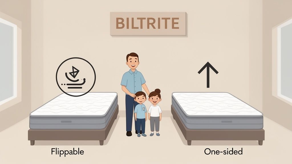 An illustration comparing flippable and one-sided mattresses, with a family standing between them under a 'Biltrite' sign.