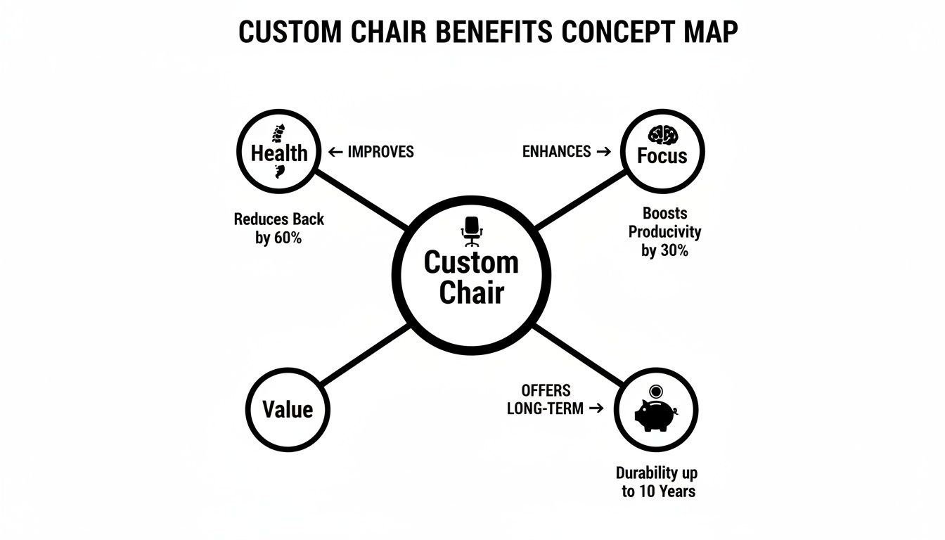 Concept map illustrating custom chair benefits: improved health, enhanced focus, and long-term durability and value.