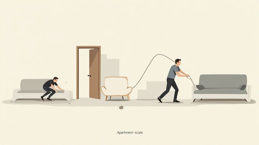 A man uses a rope to pull a large gray sofa towards a narrow doorway in an apartment setting, illustrating scale challenges.