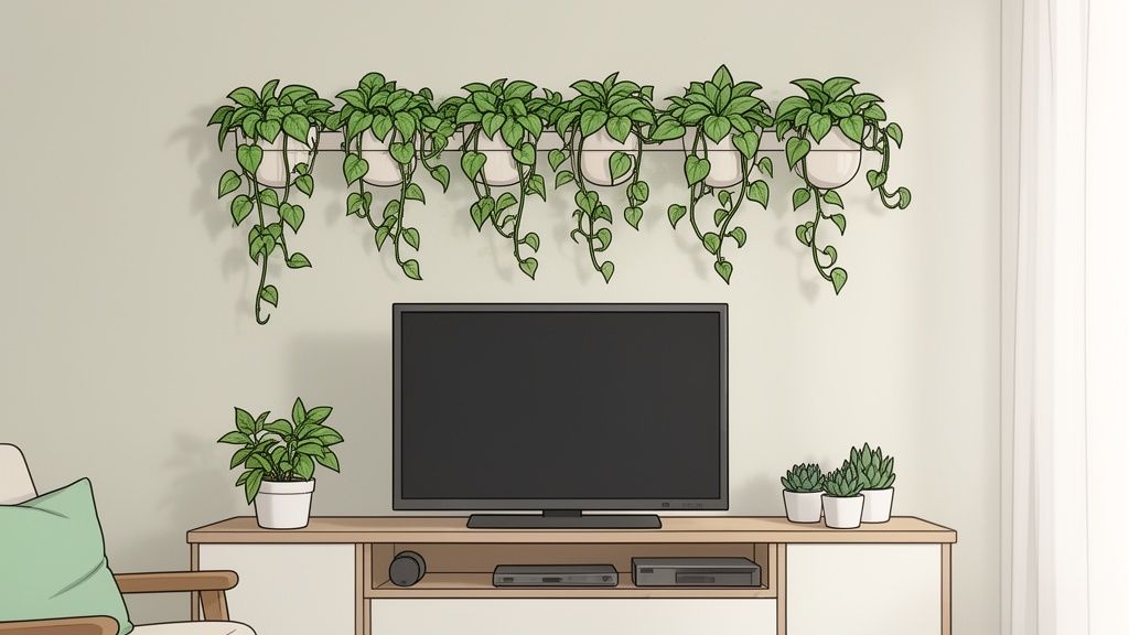 A cozy living room with a TV on a wooden console table, decorated with a row of hanging plants above.