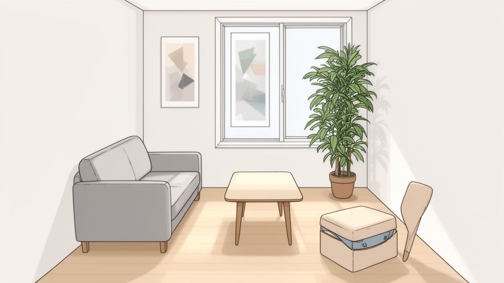 A minimalist living room featuring a grey sofa, wooden coffee table, large green plant, and bright window.