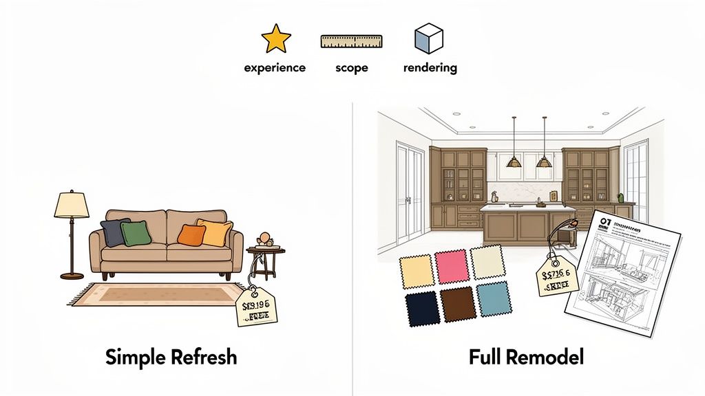 Illustration comparing simple interior refresh versus full remodel, detailing different costs and services offered.