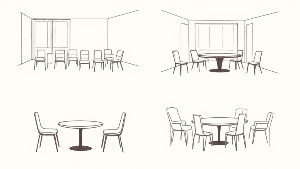 A stylish dining room featuring a beautiful wooden table, highlighting how the right shape can define the space.