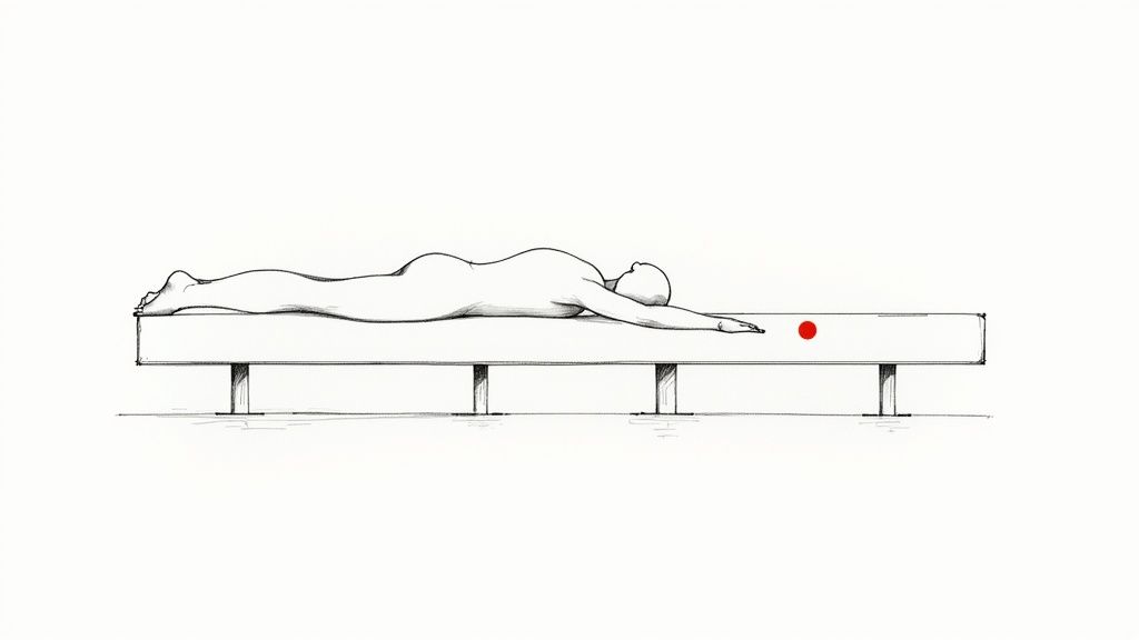 Nude figure lying prone on a white beam with arms extended towards a small red dot.