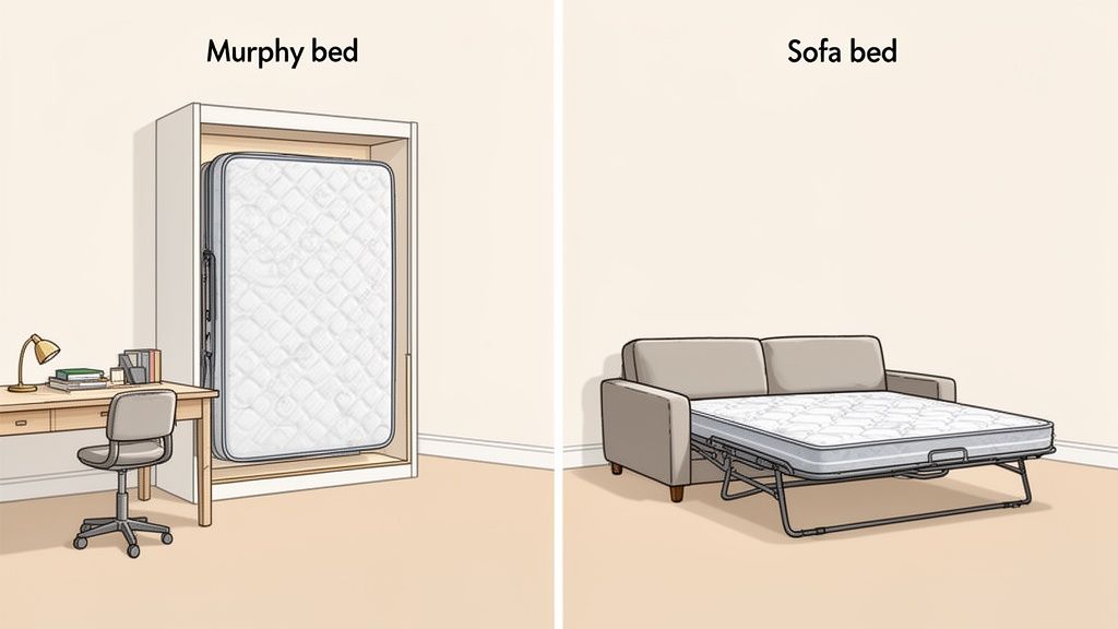 An illustration comparing a space-saving Murphy bed stored upright and a versatile pull-out sofa bed.
