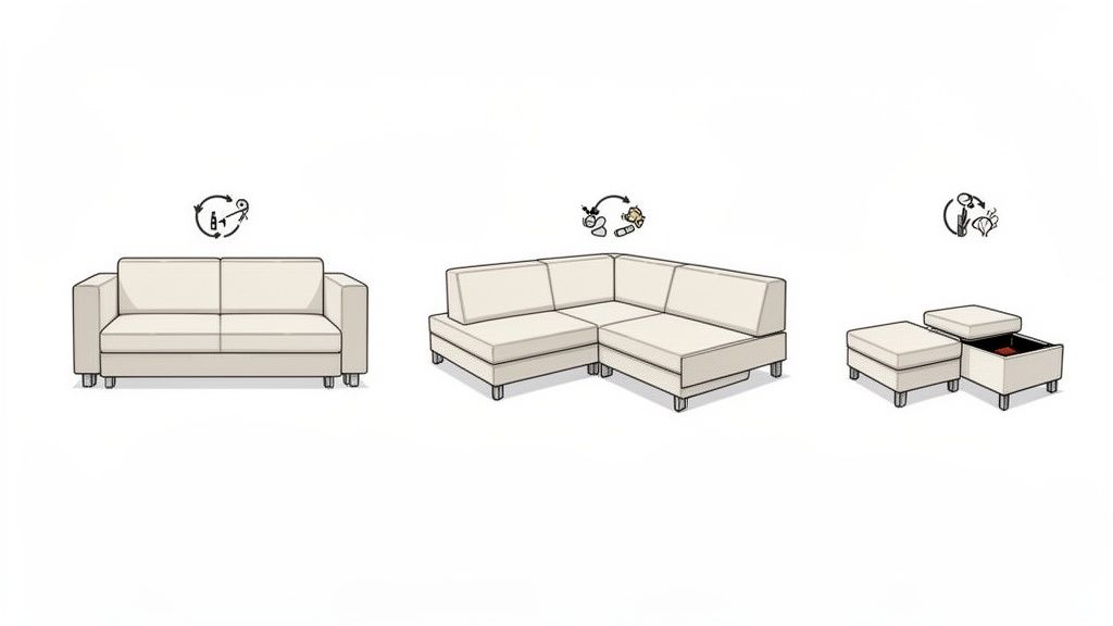 Illustration of three modular furniture concepts: a two-seater sofa, a sectional, and storage ottomans, with sustainability icons.